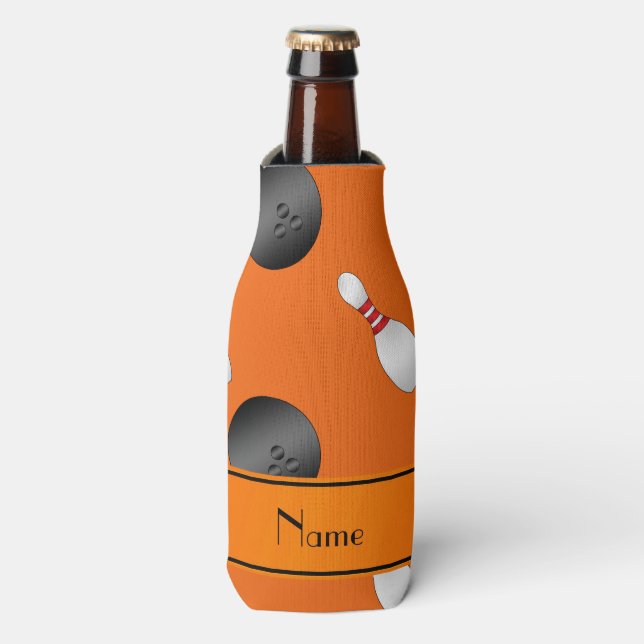 Personalised name orange bowling balls pins bottle cooler (Bottle Front)