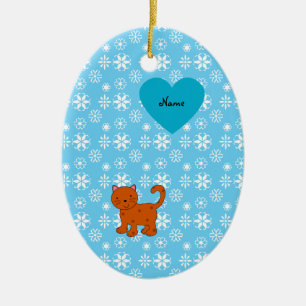Personalised name orange cat blue snowflakes ceramic tree decoration