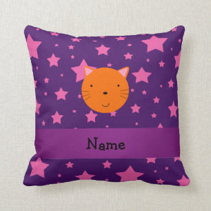Personalised name orange cat face purple pink star cushion