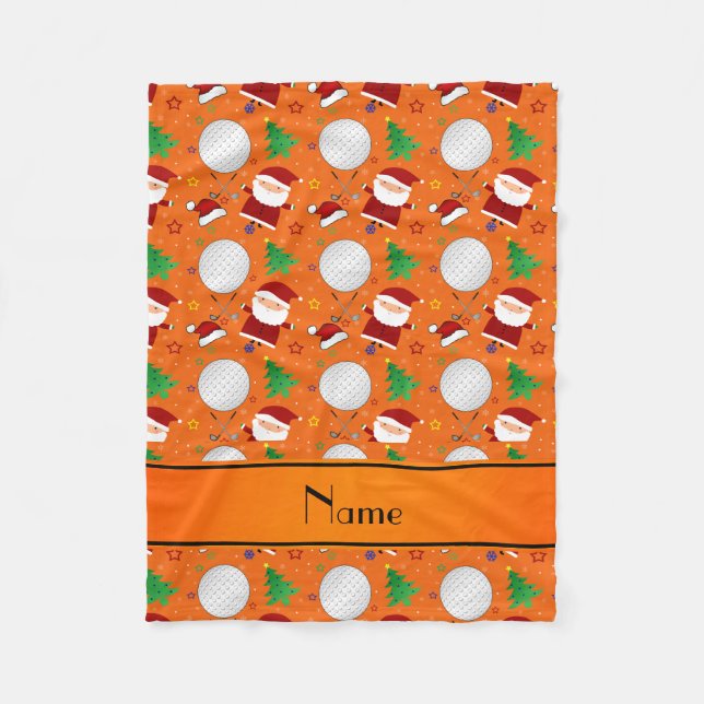 Personalised name orange christmas golfing fleece blanket (Front)
