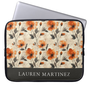 Personalised Name Orange Flowers Grey Leaves Print Laptop Sleeve