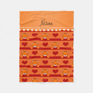 Personalised name orange foxes red hearts stripes fleece blanket