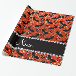 Personalised name orange glitter fancy shoes bows wrapping paper