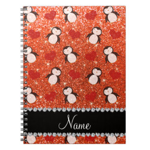 Personalised name orange glitter penguins hearts notebook