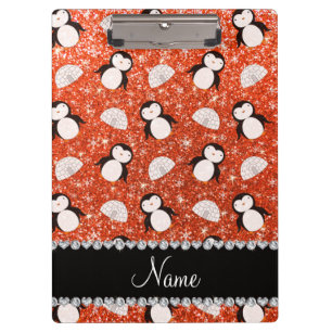 Personalised name orange glitter penguins igloos clipboard