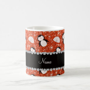 Personalised name orange glitter penguins igloos coffee mug