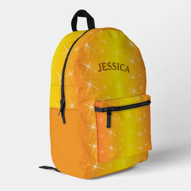 Personalised Name Orange Glitter Star Printed Backpack (Back Corner Left)