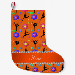 Personalised name orange gymnastics flowers small christmas stocking