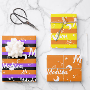 Personalised Name Orange Halloween Girl Whimsical Wrapping Paper Sheet