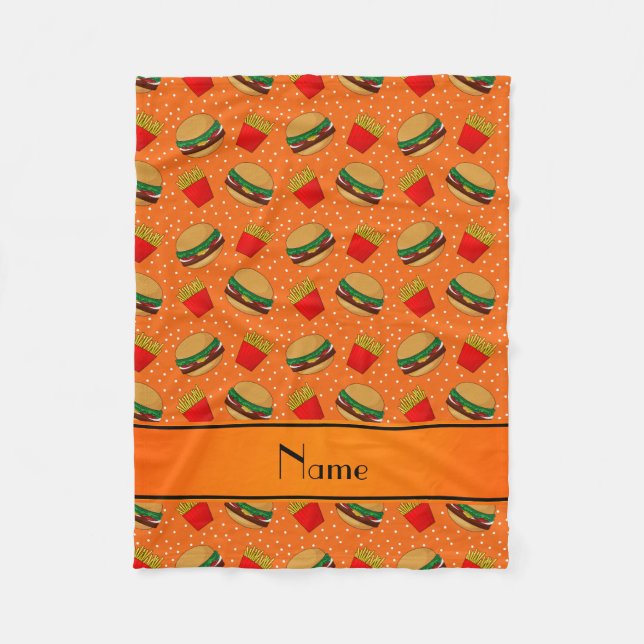 Personalised name orange hamburgers fries dots fleece blanket (Front)