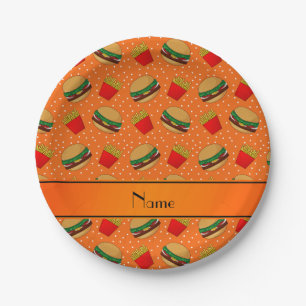 Personalised name orange hamburgers fries dots paper plate