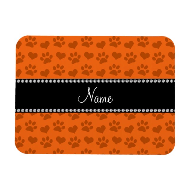 Personalised name orange hearts and paw prints magnet (Horizontal)