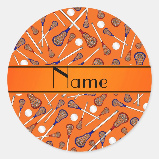 Personalised name orange lacrosse pattern classic round sticker (Front)
