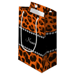 Personalised name orange leopard pattern small gift bag