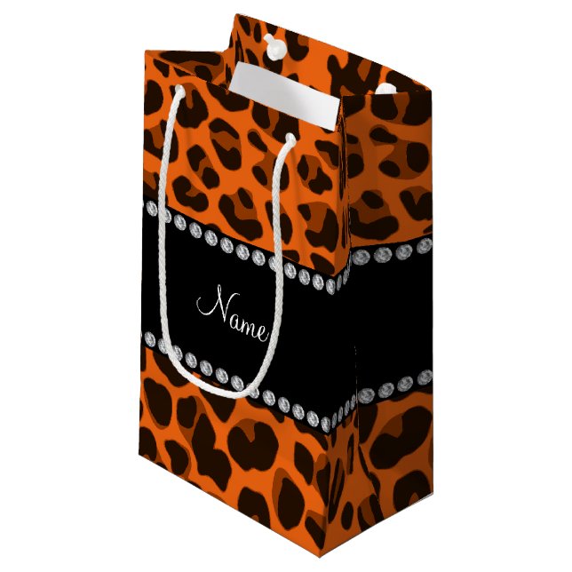 Personalised name orange leopard pattern small gift bag (Front Angled)