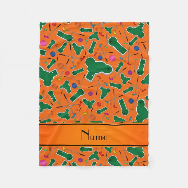 Personalised name orange mini golf fleece blanket (Front)