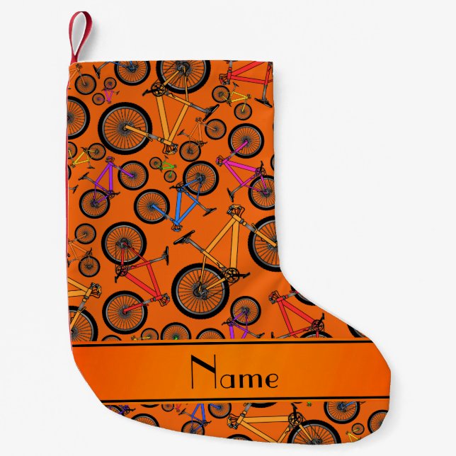 Personalised name orange mountain bikes small christmas stocking (Front)