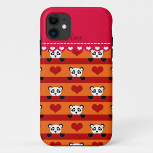 Personalised name orange panda red heart stripes iPhone 11 case