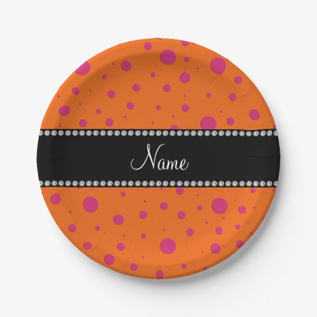 Personalised name orange pink polka dots paper plate (Front)