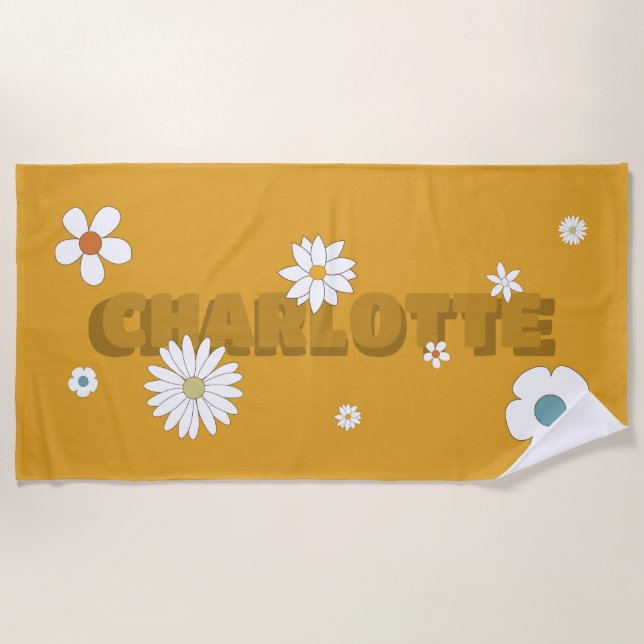 Personalised Name Orange Retro Style Flowers Beach Towel (Front)