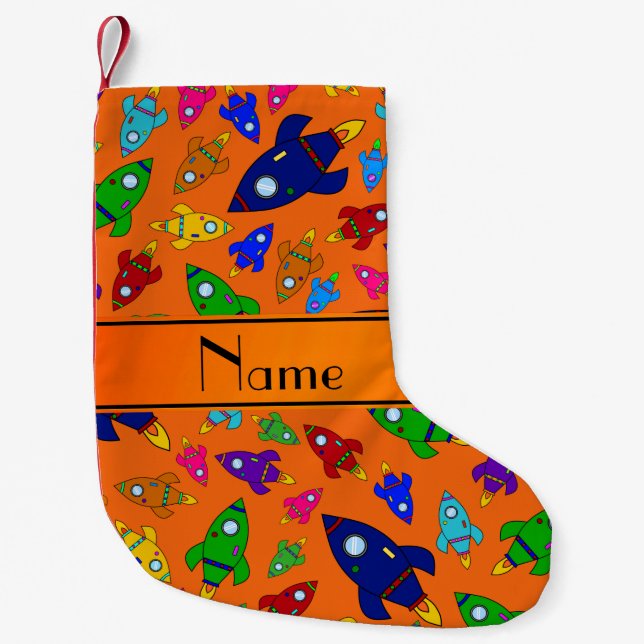 Personalised name orange rocket ships small christmas stocking (Front)
