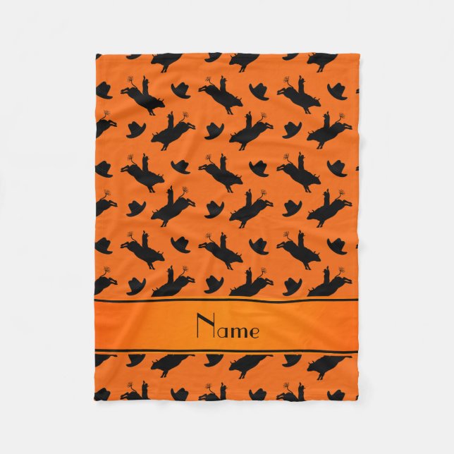 Personalised name orange rodeo bull riding pattern fleece blanket (Front)