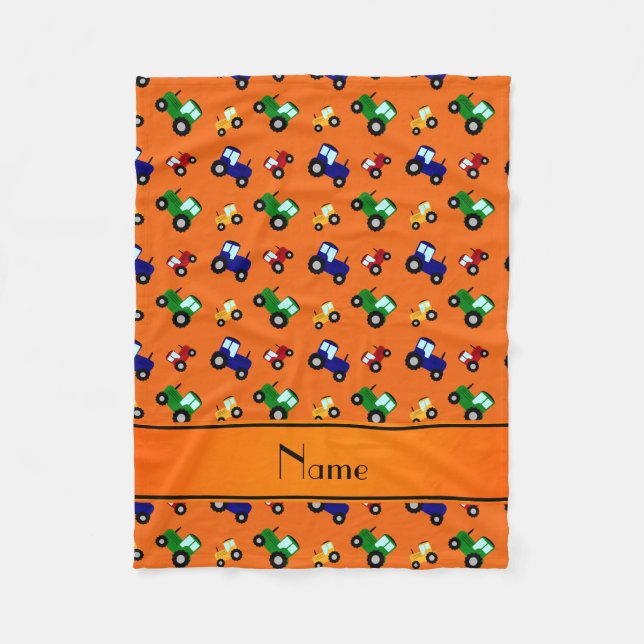 Personalised name orange tractors fleece blanket (Front)