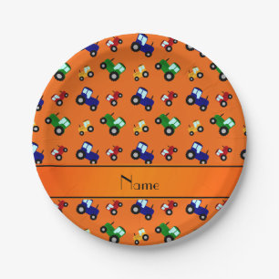 Personalised name orange tractors paper plate
