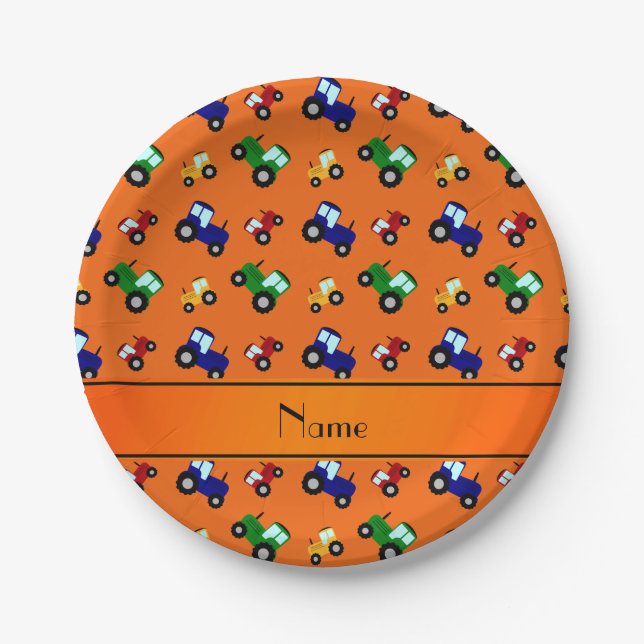 Personalised name orange tractors paper plate (Front)