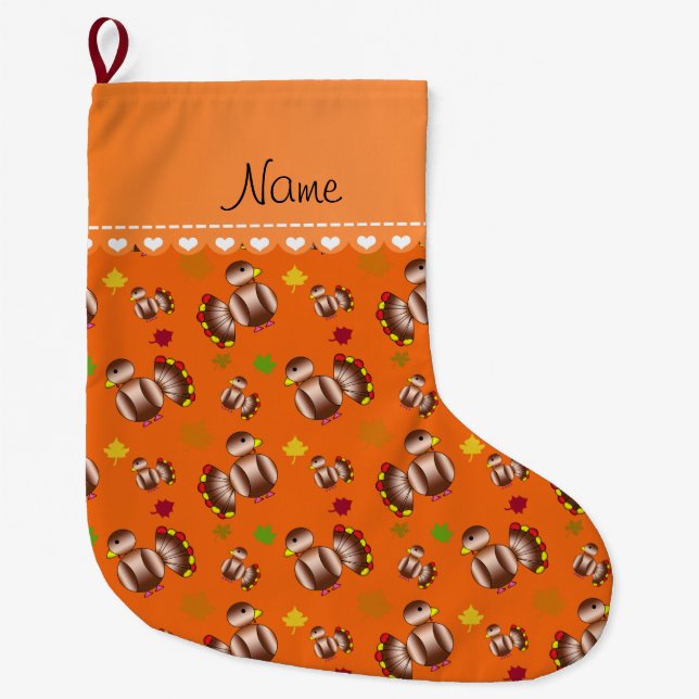 Personalised name orange turkey's leaves large christmas stocking (Front)