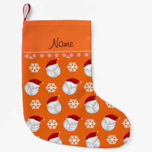 Personalised name orange volleyballs santa hats small christmas stocking