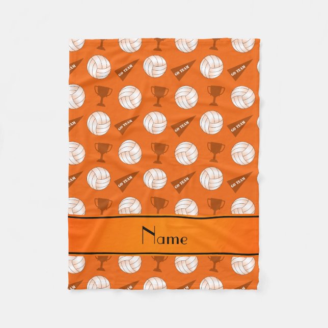 Personalised name orange volleyballs trophy flag fleece blanket (Front)