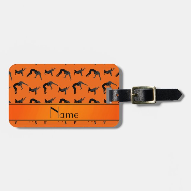 Personalised name orange wrestling silhouettes luggage tag (Front Horizontal)