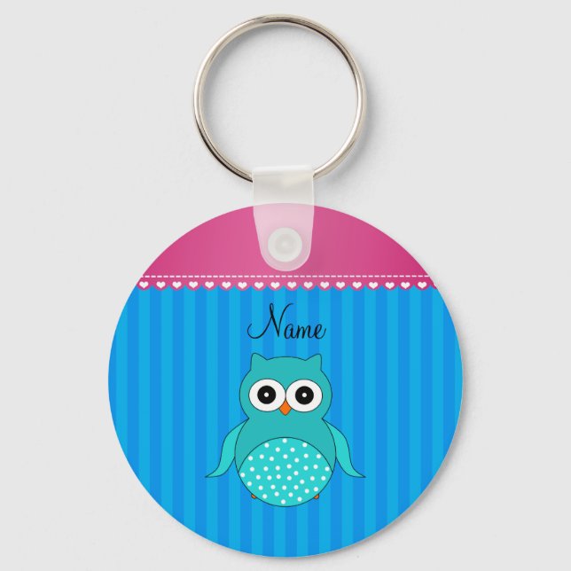 Personalised name owl blue stripes key ring (Front)