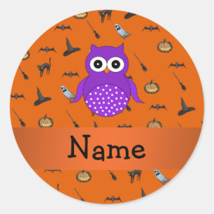 Personalised name owl halloween pattern classic round sticker