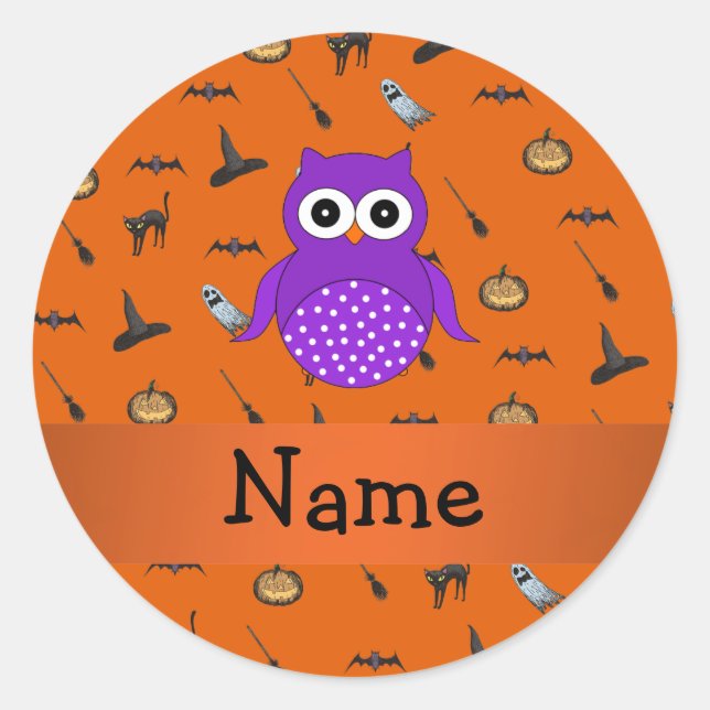 Personalised name owl halloween pattern classic round sticker (Front)