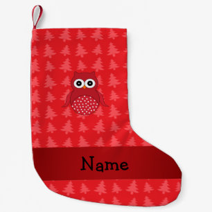 Personalised name owl red christmas trees small christmas stocking