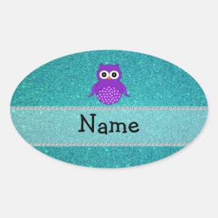 Personalised name owl turquoise glitter oval sticker
