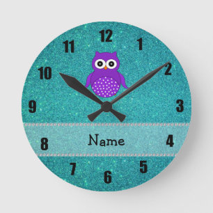 Personalised name owl turquoise glitter round clock