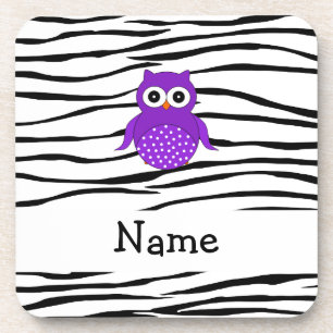 Personalised name owl zebra stripes coaster