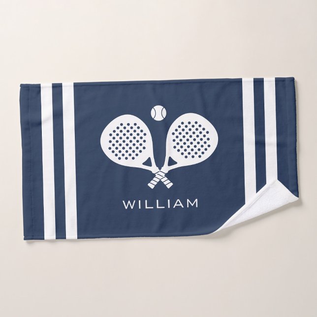 Personalised Name Padel Tennis Navy Blue Stripes Hand Towel (Creator Uploaded)