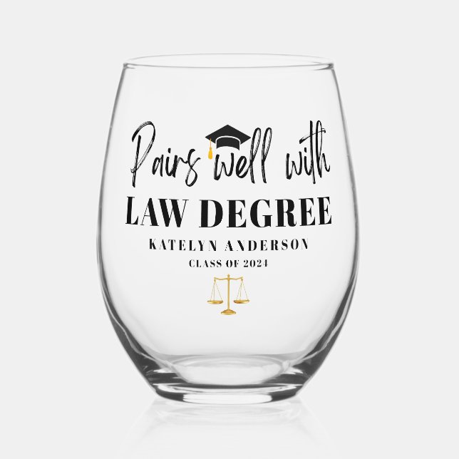 Personalised Name Pairs Well with Law Degree Stemless Wine Glass (Front)