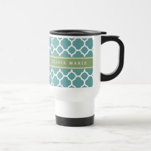 Personalised Name Pale Blue Quatrefoil Pattern Travel Mug