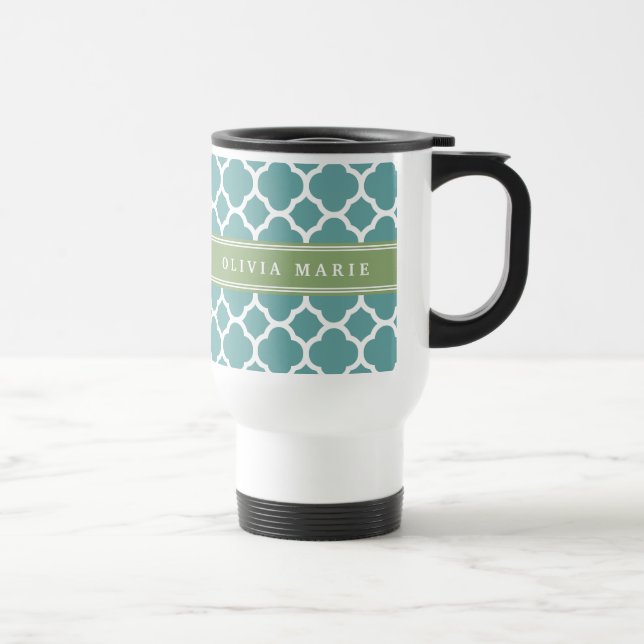 Personalised Name Pale Blue Quatrefoil Pattern Travel Mug (Right)