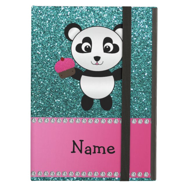 Personalised name panda cupcake turquoise glitter cover for iPad air (Front Closed)