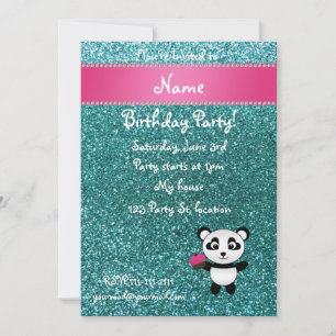 Personalised name panda cupcake turquoise glitter invitation