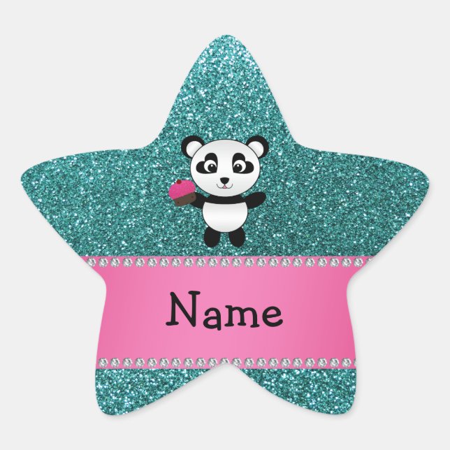 Personalised name panda cupcake turquoise glitter star sticker (Front)