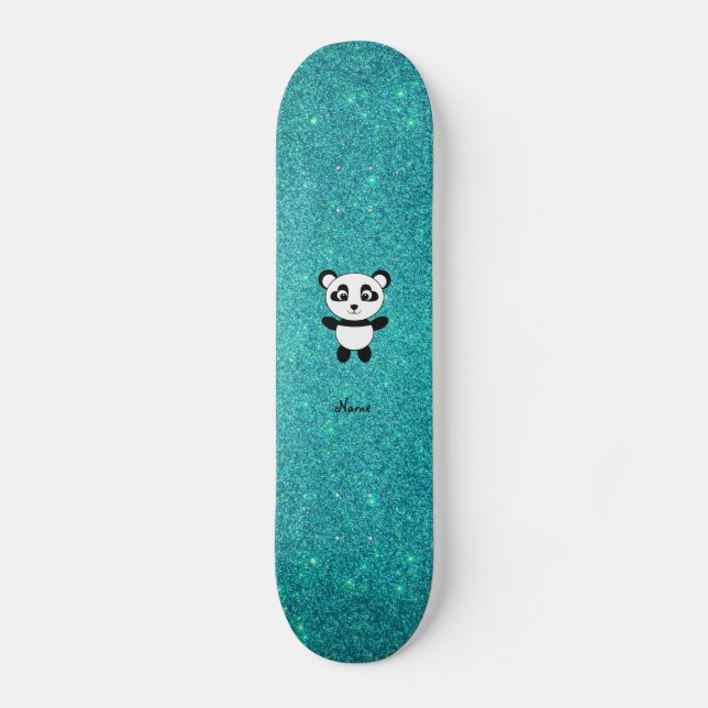 Personalised name panda turquoise glitter skateboard (Front)