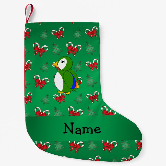 Personalised name parrot green candy canes bows small christmas stocking (Front)