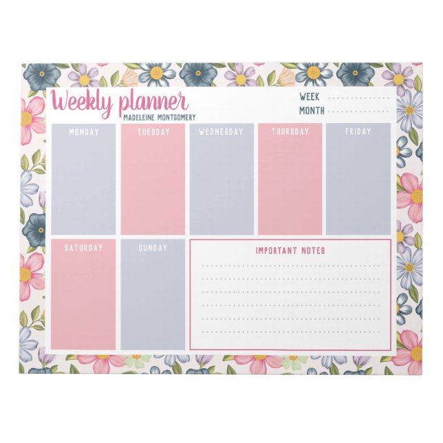 Personalised Name Pastel Floral Weekly Planner Notepad (Front)